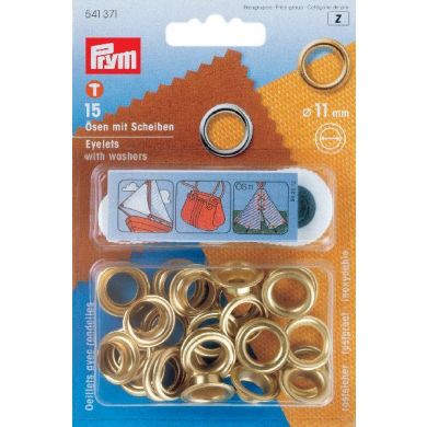 Ogen met ring en schijf 11 mm goud, 15 stuks Prym